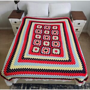 Handmade Crochet Granny Square Afghan Blanket‎ 6'x5' Cottage Shabby Chic Unique